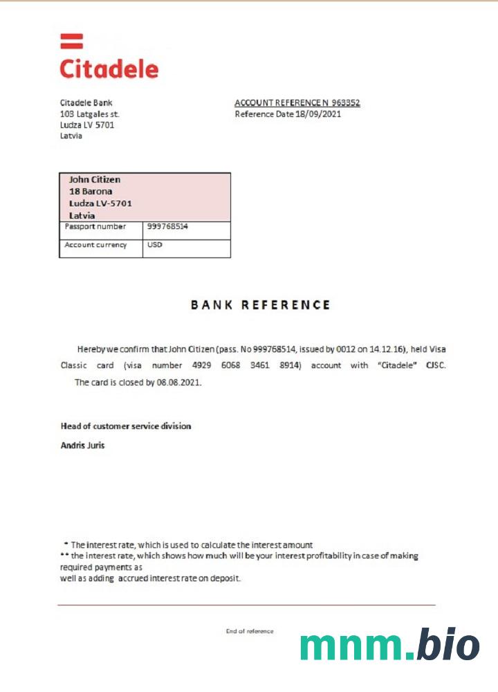 Przykład zamknięcia banku Citadele na Łotwie w formatach Word i PDF